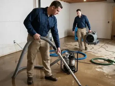 Pump and hose removing water from a crawl space after a rainstorm
