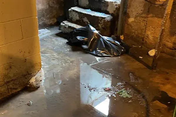 Storm water standing on a basement floor at the foot of the stairs