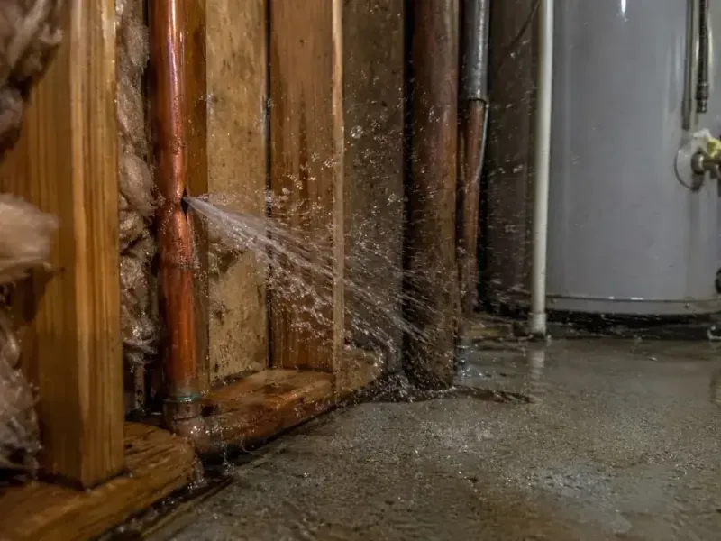 Copper supply line spraying water between wall studs next to a water heater