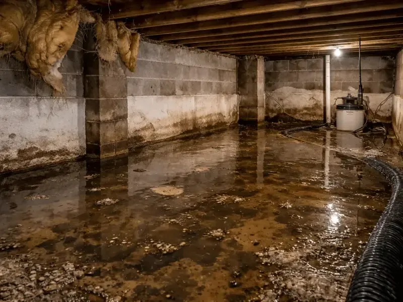 Standing water pooled under the floor joists of a crawl space