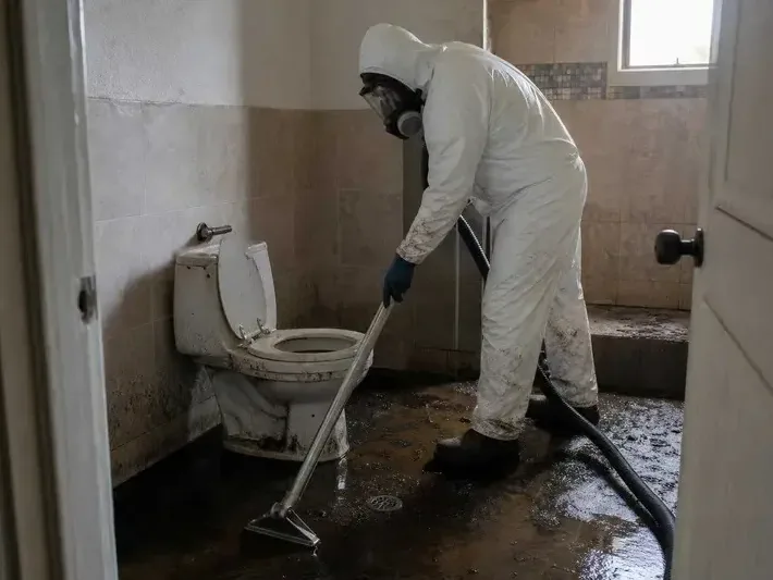 Technicians in protective suits cleaning up a sewage backup