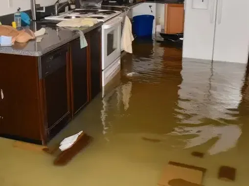Storm rain water standing across a kitchen floor