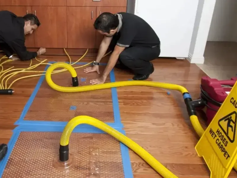Extraction hoses and drying mats drawing water up out of a hardwood floor